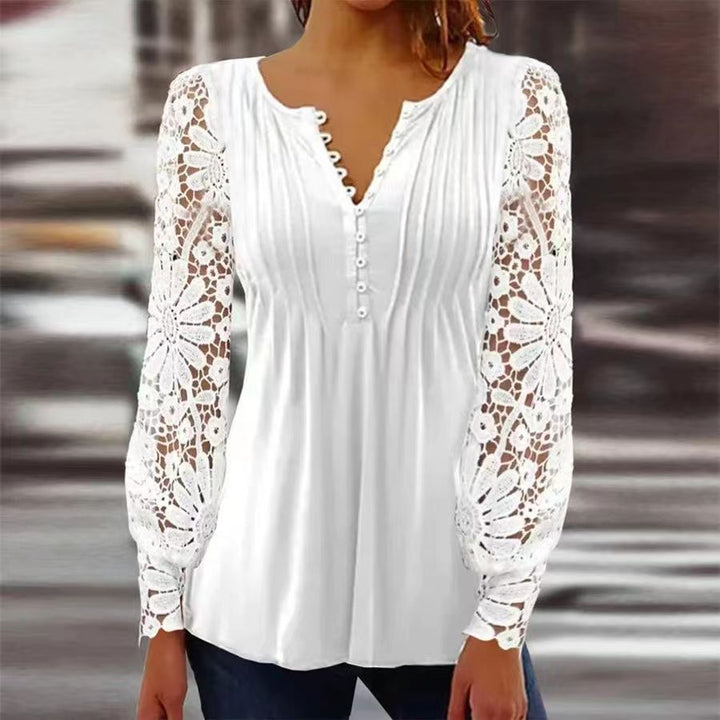 Damen Floral Viskosemischung Bluse mit Häkelärmel und V-Ausschnitt Drune