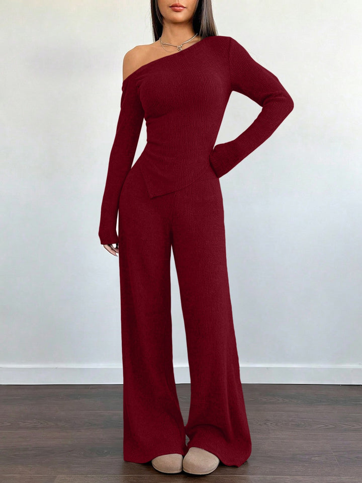 Damen Asymmetrisches Strick-Lounge-Set mit One-Shoulder-Oberteil und weitem Bein Drune
