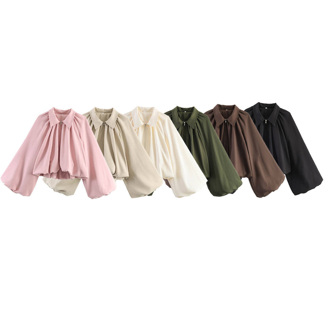 Damen Kurze Cape-Jacke mit voluminösen Ballonärmeln, Stehkragen und Reißverschluss Drune