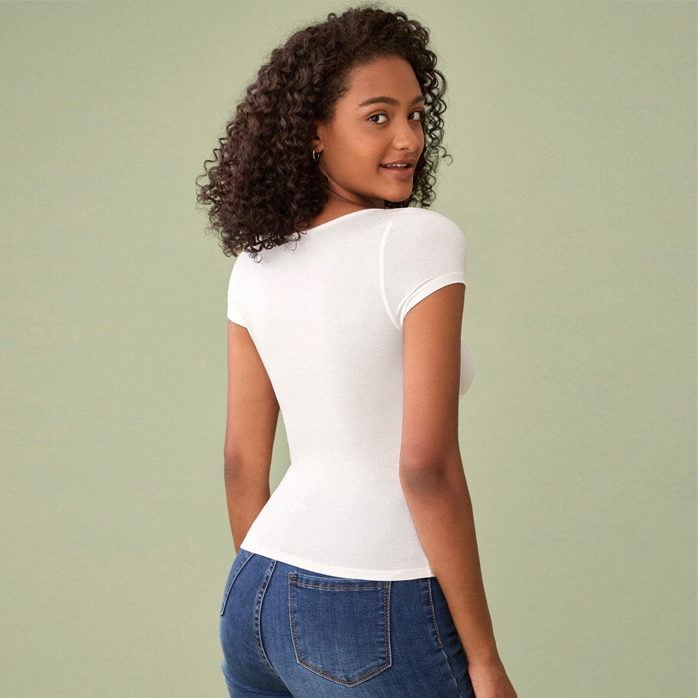 Damen figurbetontes T-Shirt mit tiefem V-Ausschnitt und kurzen Ärmeln Drune