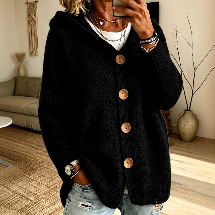 Damen Grobgestrickter Kapuzencardigan mit überlanger Silhouette, Holzknopfleiste und gerippten Bündchen Drune