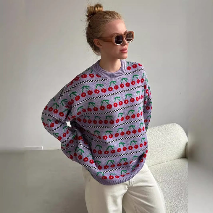 Damen trendiger Strickpullover mit fröhlichem Kirschmotiv Drune