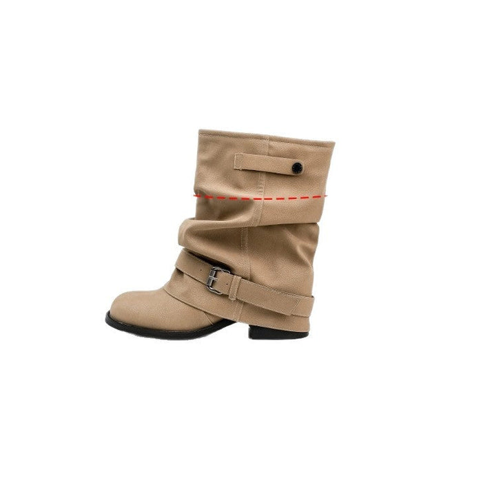 Damen Modische Stiefeletten mit lässigem Falten-Design und eleganter Schnallenverzierung Drune