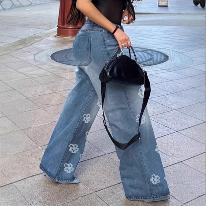 Damen High-Waist Wide‑Leg Denim-Jeanshose mit floraler Allover-Stickerei Drune