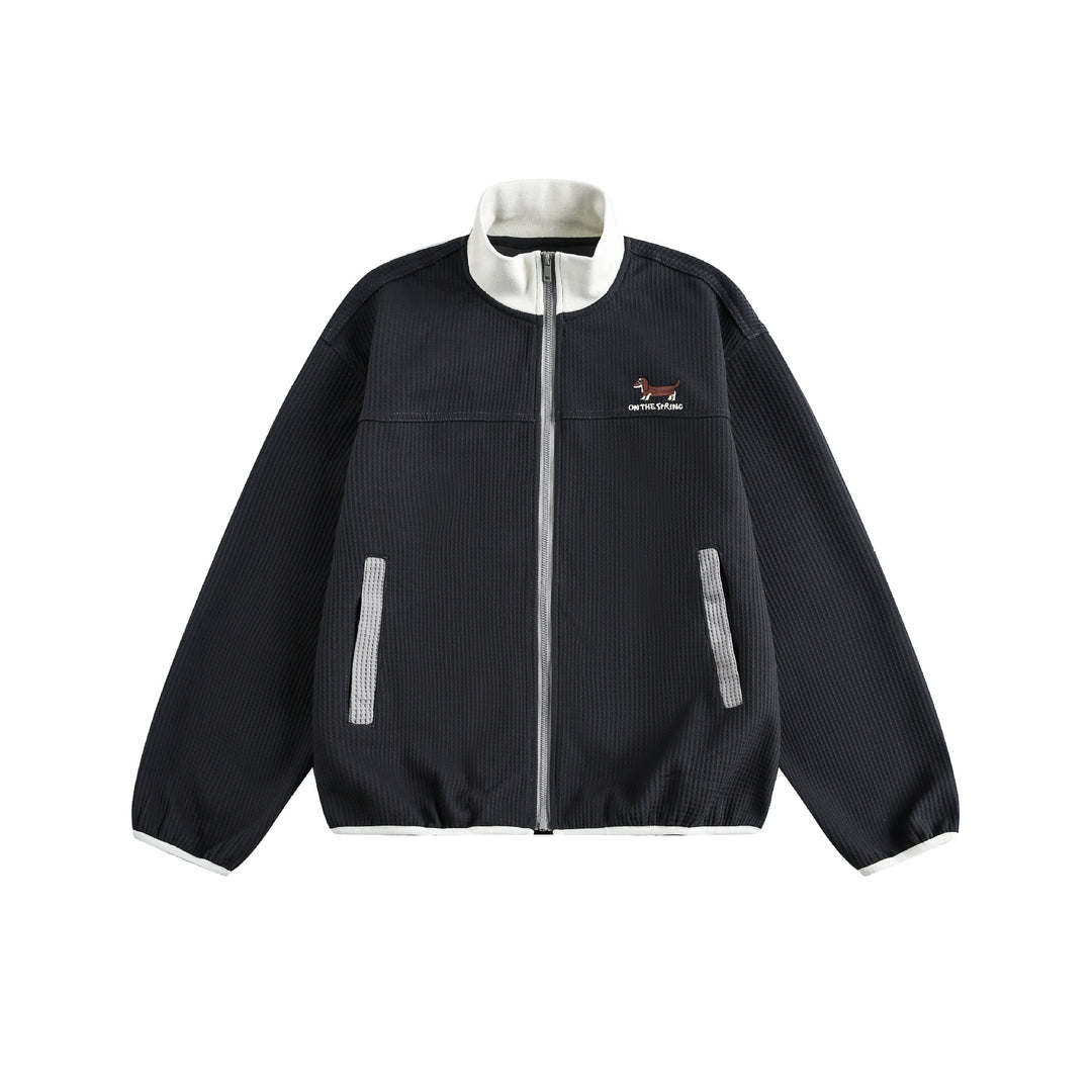 Damen Waffelstruktur Zipjacke im Boxy‑Cut mit Stehkragen und Hundestickerei Drune