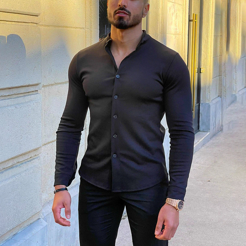 Herren Slim-Fit Langarmhemd mit Stehkragen und elastischem Jersey Drune