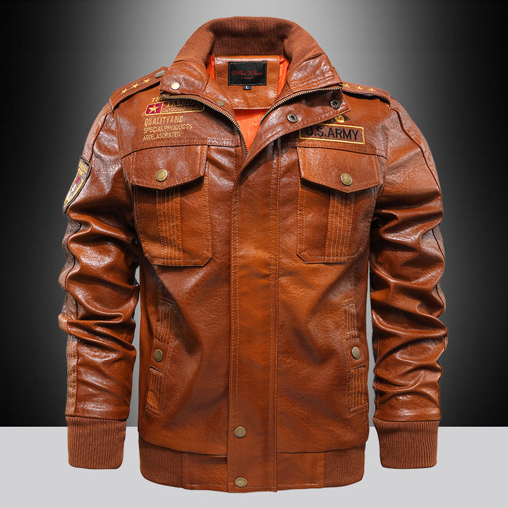 Herren Urbaner Pilot‑Lederblouson im Military‑Look mit Stehkragen und Schulterklappen Drune