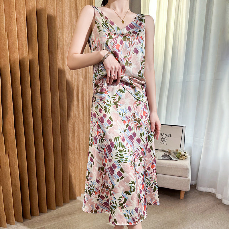 Damen Satin-Midirock mit abstraktem Aquarell-Blumenprint und hohem Bund Drune