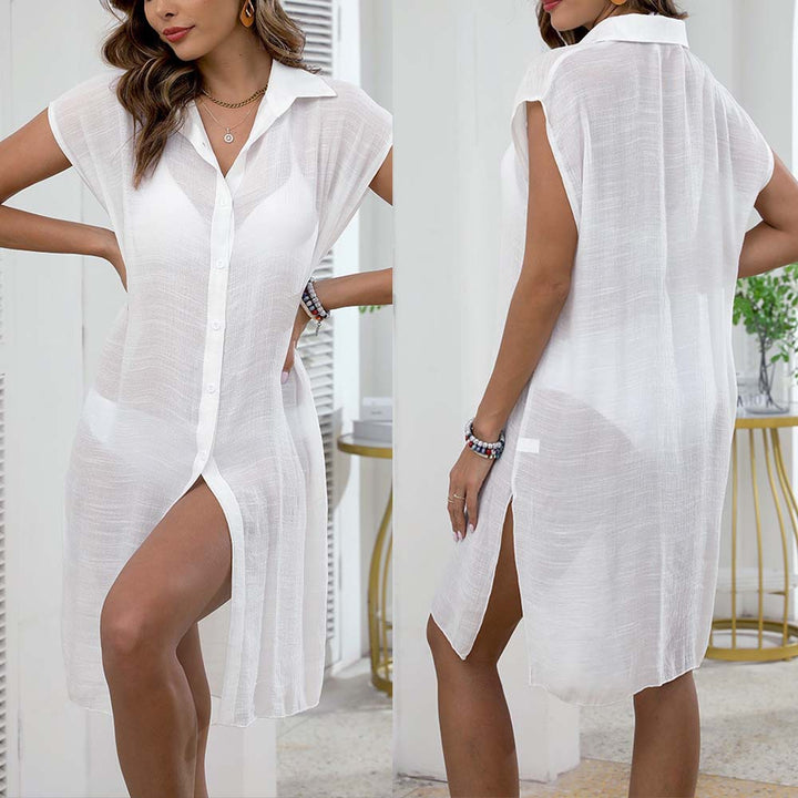 Damen luftiger Strandkleid mit Knopfdetails und überschnittenen Schultern Drune