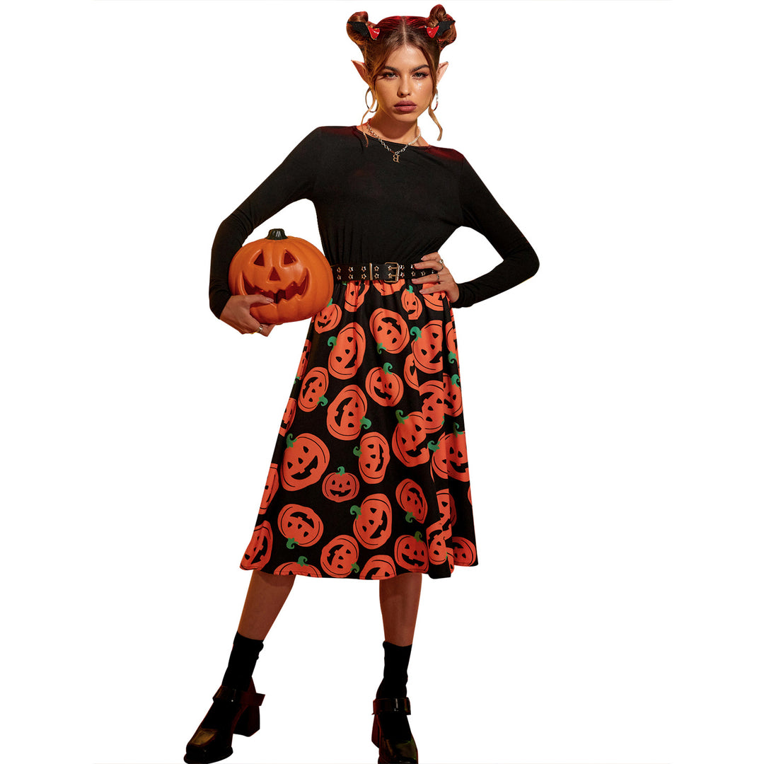 Damen Midikleid mit langen Ärmeln und Halloween-Motiv Drune