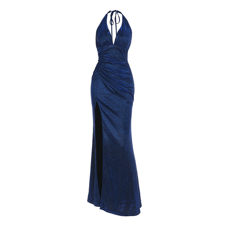Damen Glamouröses Maxikleid mit tiefem V-Ausschnitt und raffiniertem Rüschendesign Drune