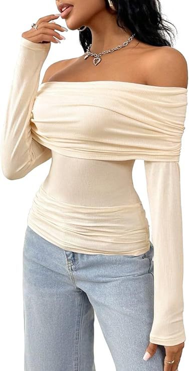 Damen Schulterfreies Ripp-Longsleeve mit weitem Umschlagkragen und taillierter Silhouette Drune