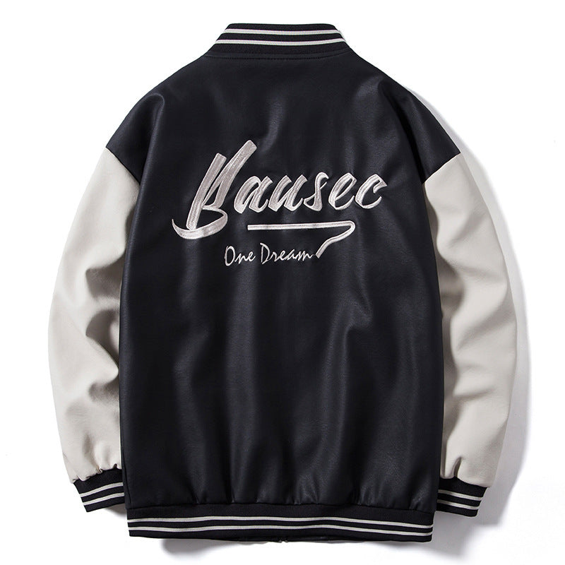 Herren Retro-College-Bomberjacke aus Kunstleder mit gestickten Logos und Rippsaum Drune