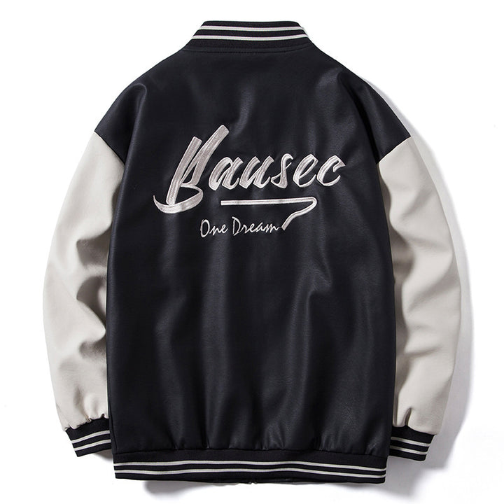 Herren Retro-College-Bomberjacke aus Kunstleder mit gestickten Logos und Rippsaum Drune