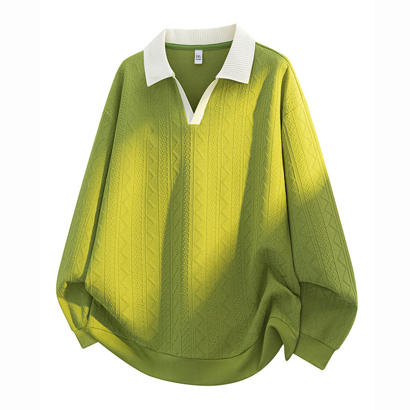 Herren Oversize Strick-Polo mit Strukturstrick, offenem V‑Ausschnitt und geripptem Kragen Drune