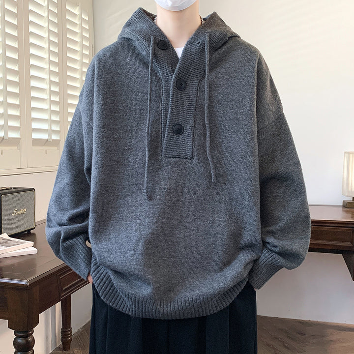Unisex Oversize Strick-Hoodie mit Halbknopfblende und Rippbündchen Drune