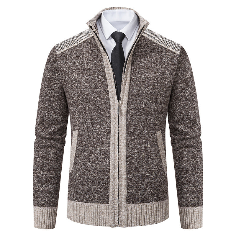 Herren Strickjacke mit Reißverschluss, Stehkragen und kontrastbesetzten Schultern Drune