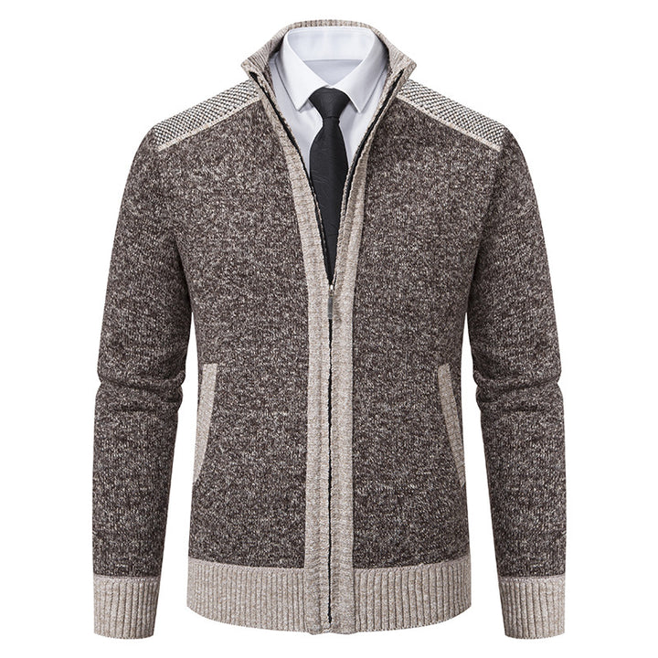 Herren Strickjacke mit Reißverschluss, Stehkragen und kontrastbesetzten Schultern Drune