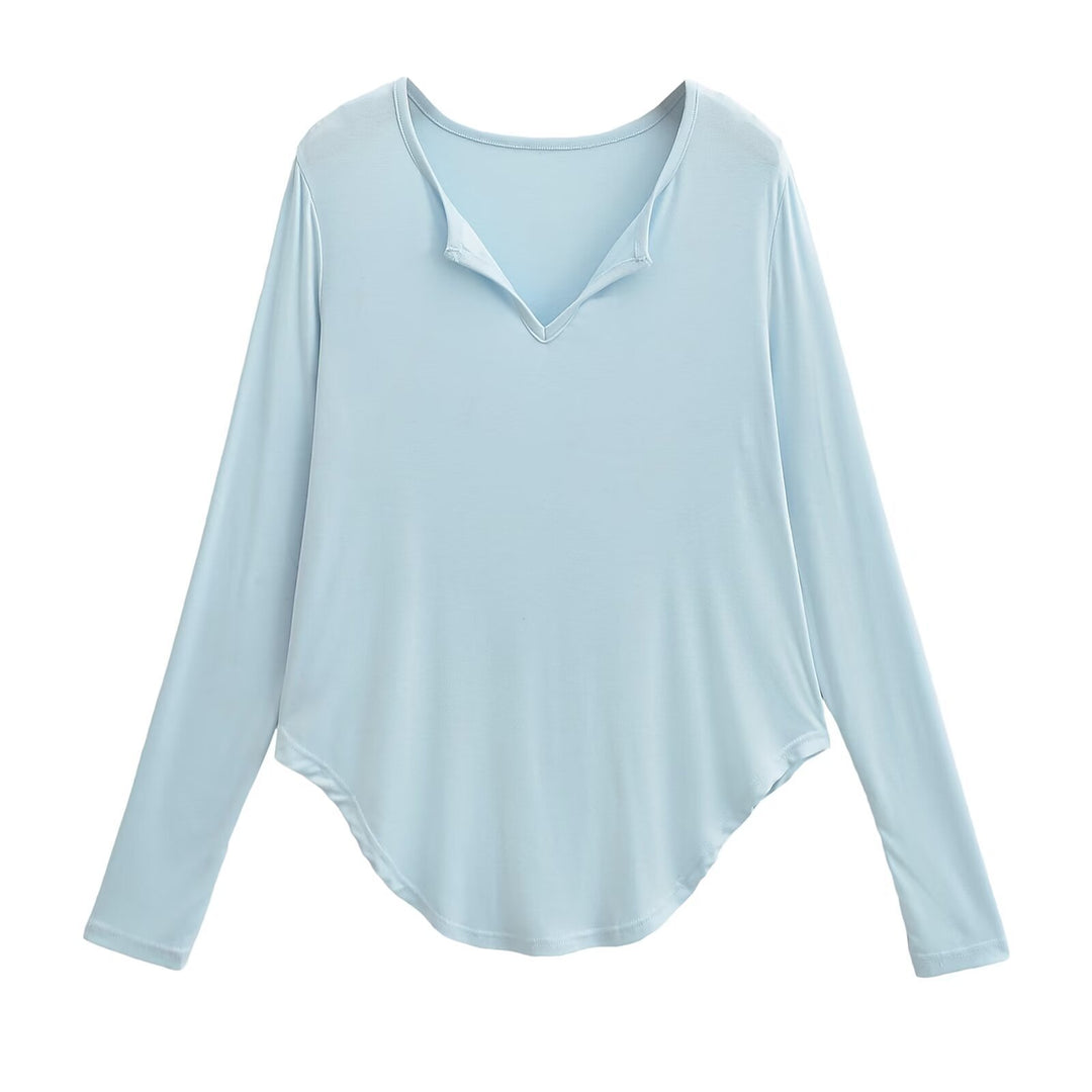 Damen lässiges Longsleeve-Oberteil mit V-Ausschnitt und geschwungenem Saum Drune