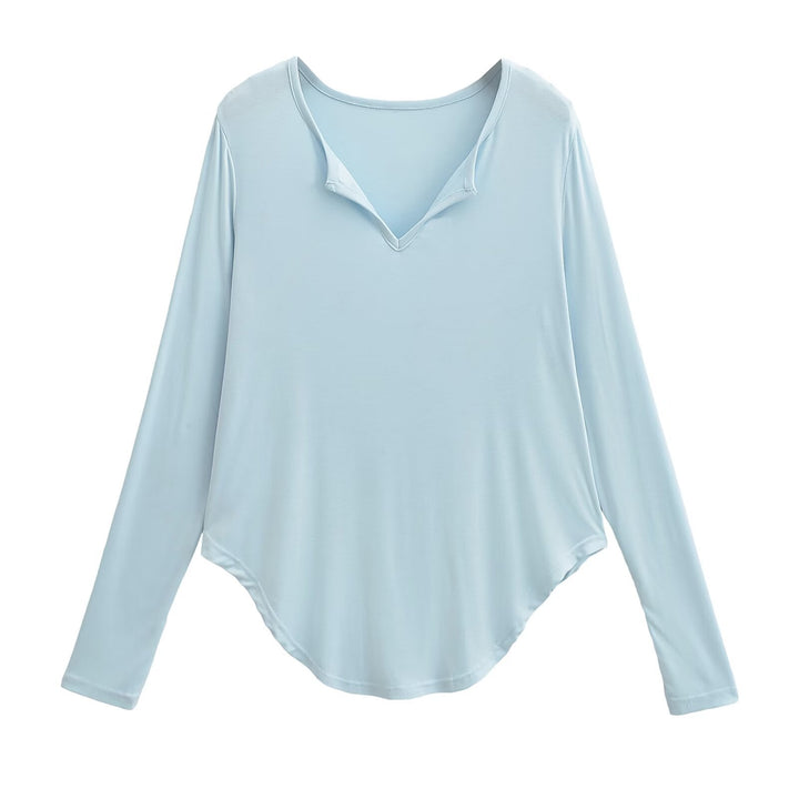 Damen lässiges Longsleeve-Oberteil mit V-Ausschnitt und geschwungenem Saum Drune