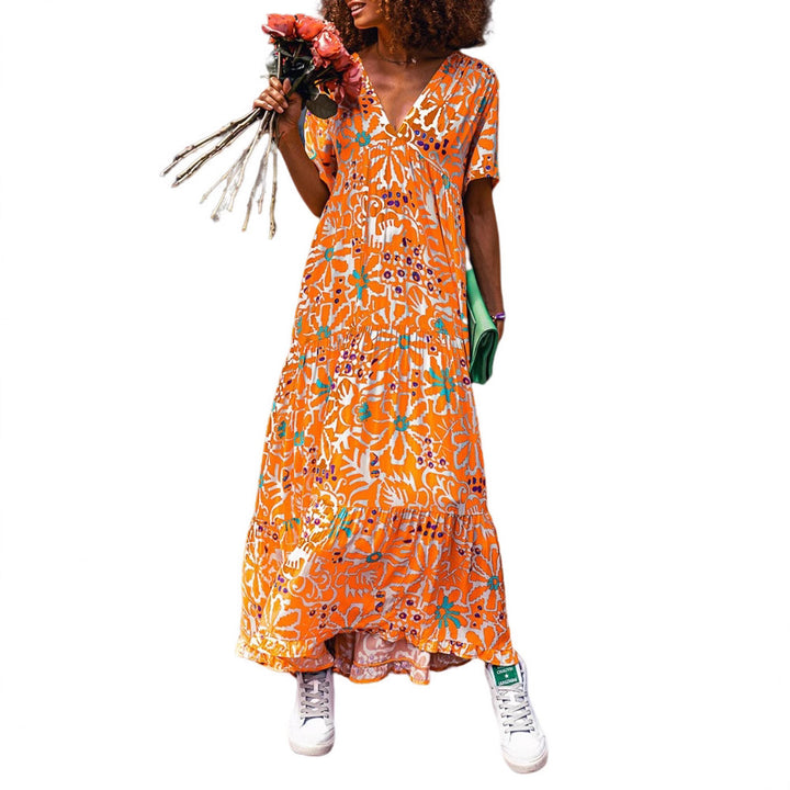 Damen nan knöchellanges V-Ausschnitt-Maxikleid mit grafischem Ethno-Print, kurzen Ärmeln und schwingender Volantbahn Drune