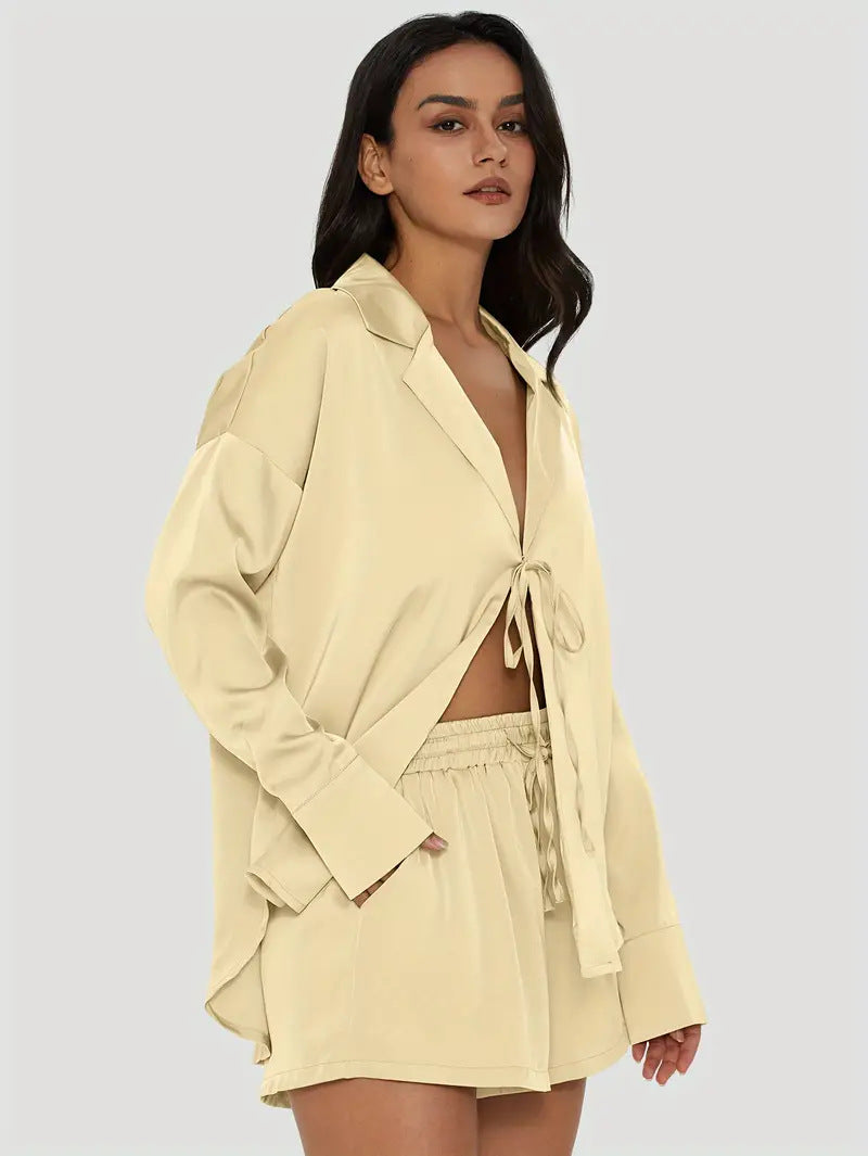 Damen Elegantes Kurzensemble mit Taillenknoten Drune