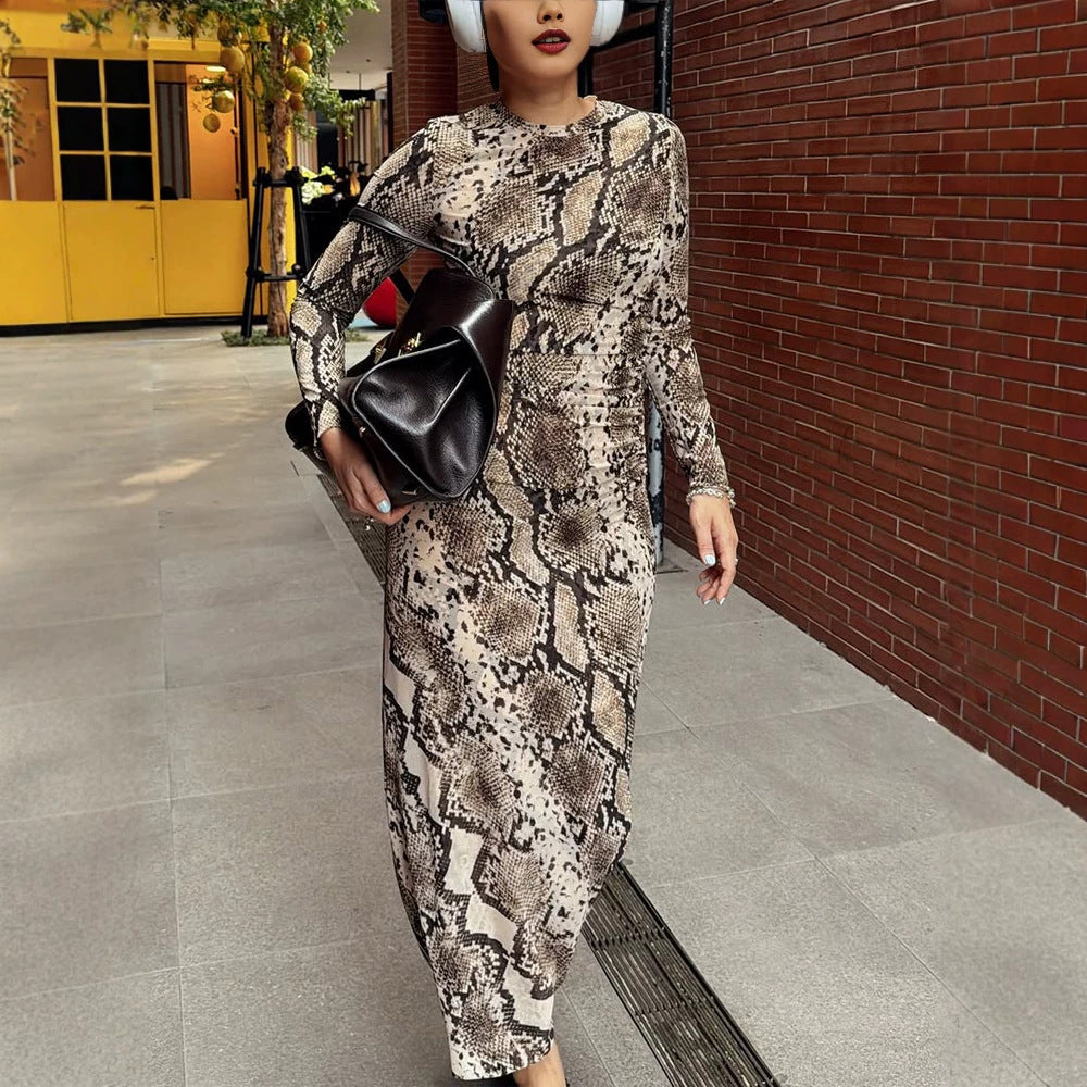 Damen Figurbetontes Maxikleid aus Stretch-Jersey mit Schlangenprint und Rundhalsausschnitt Drune