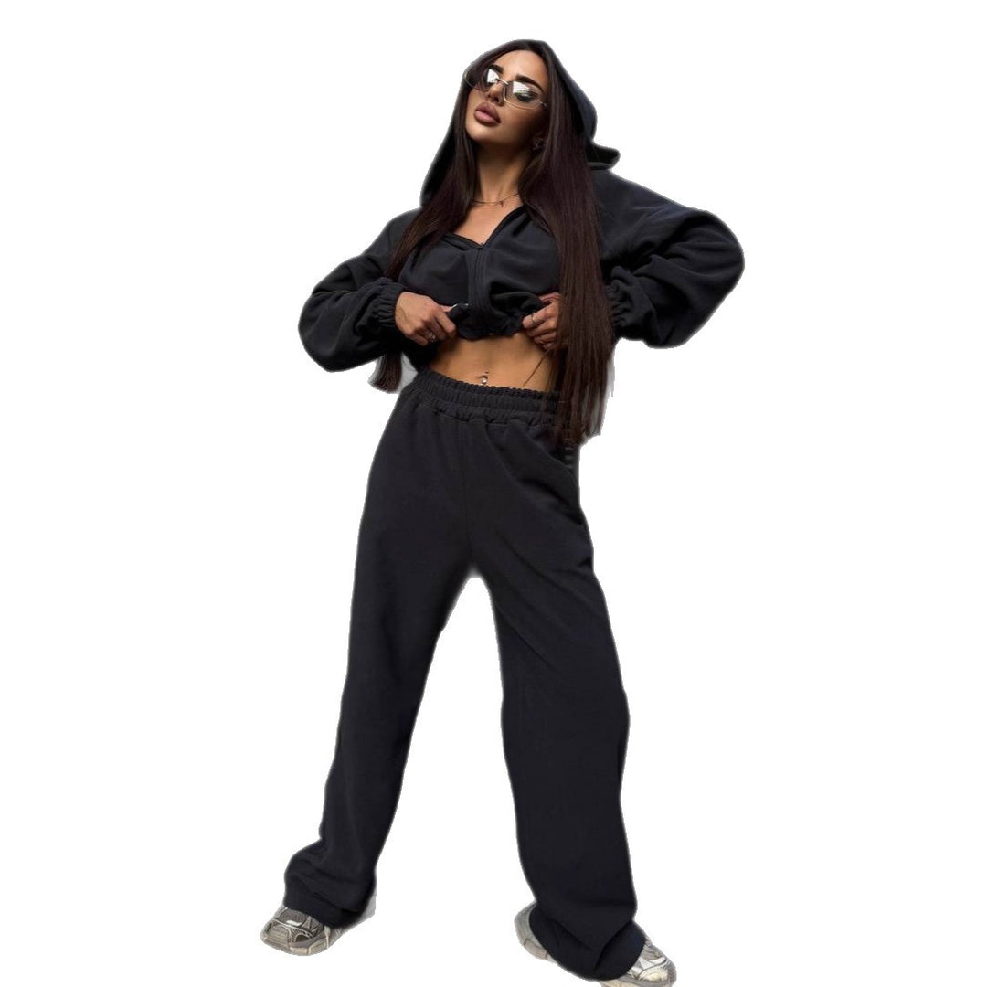 Damen kuscheliges Fleece-Crop-Top und weite Hose Set Drune
