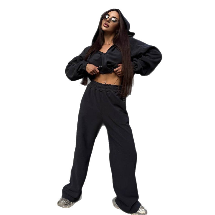 Damen kuscheliges Fleece-Crop-Top und weite Hose Set Drune