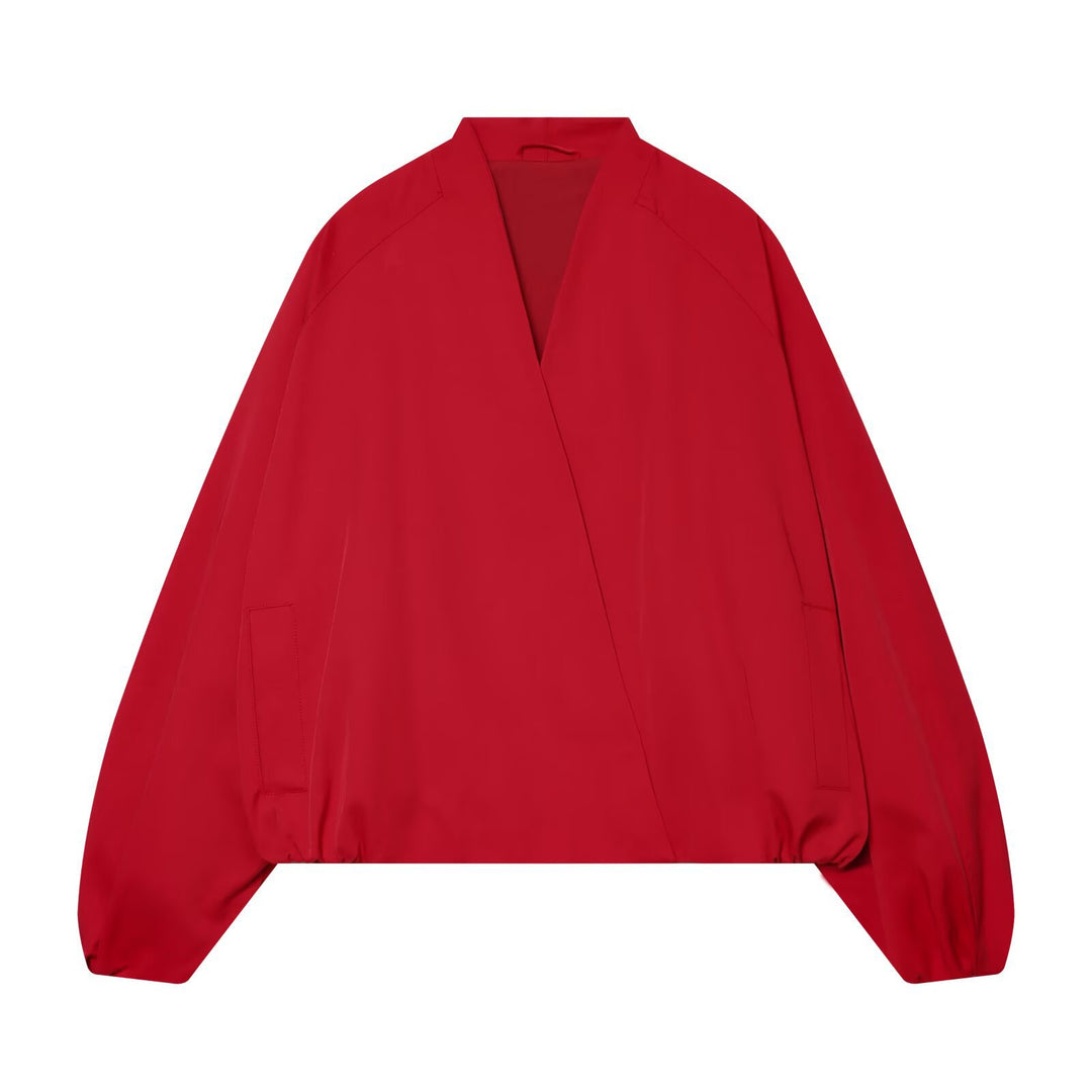 Damen Cropped Kimono-Jacke mit überschnittenen Ärmeln und elastischem Bund Drune