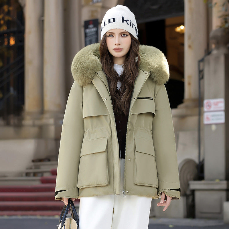 Damen Elegante und warme Winterjacke mit abnehmbarem Kunstfellkragen und praktischen Taschen Drune
