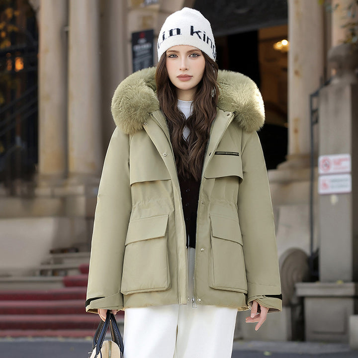 Damen Elegante und warme Winterjacke mit abnehmbarem Kunstfellkragen und praktischen Taschen Drune