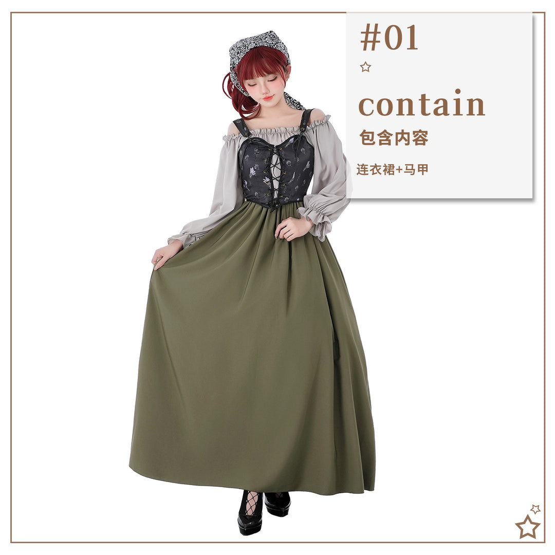 Damen nan Renaissance-inspiriertes Maxikleid mit Schnürkorsett und Carmenärmeln Drune