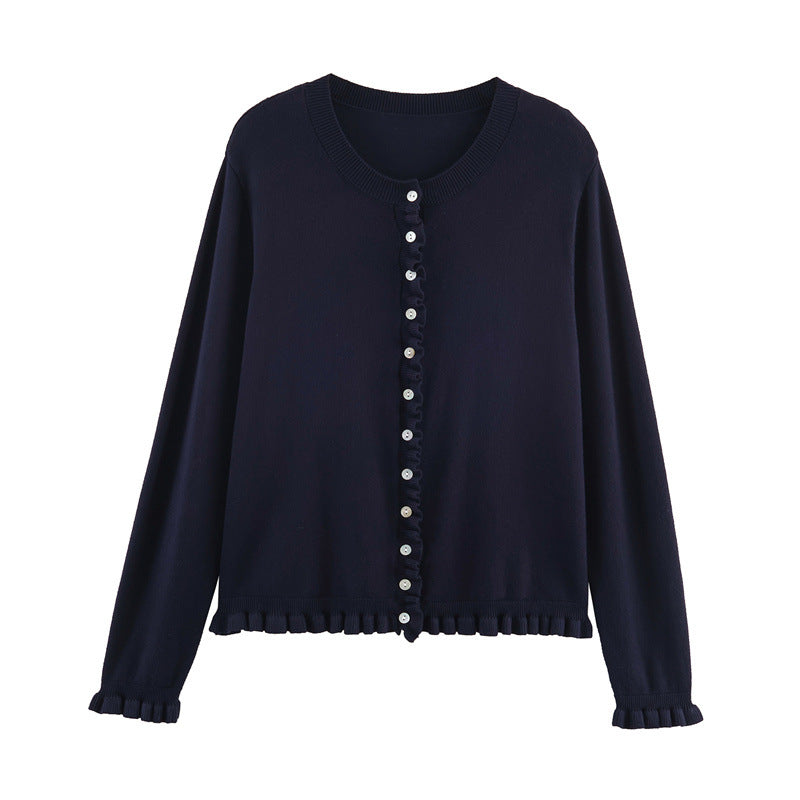 Damen modische gestreifte Strickjacke mit Rüschensaum und Knopfdetails Drune