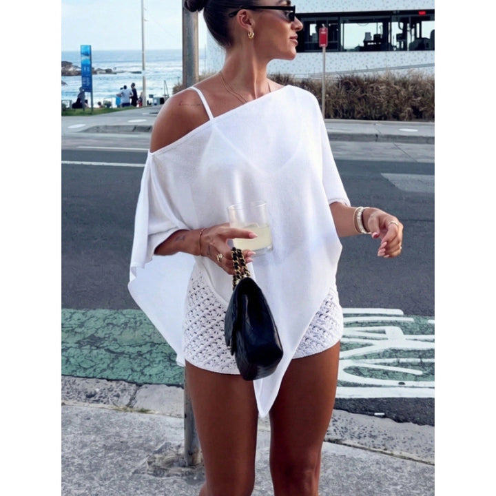 Damen Asymmetrisches Off-Shoulder Poncho-Top aus leichtem Strick Drune