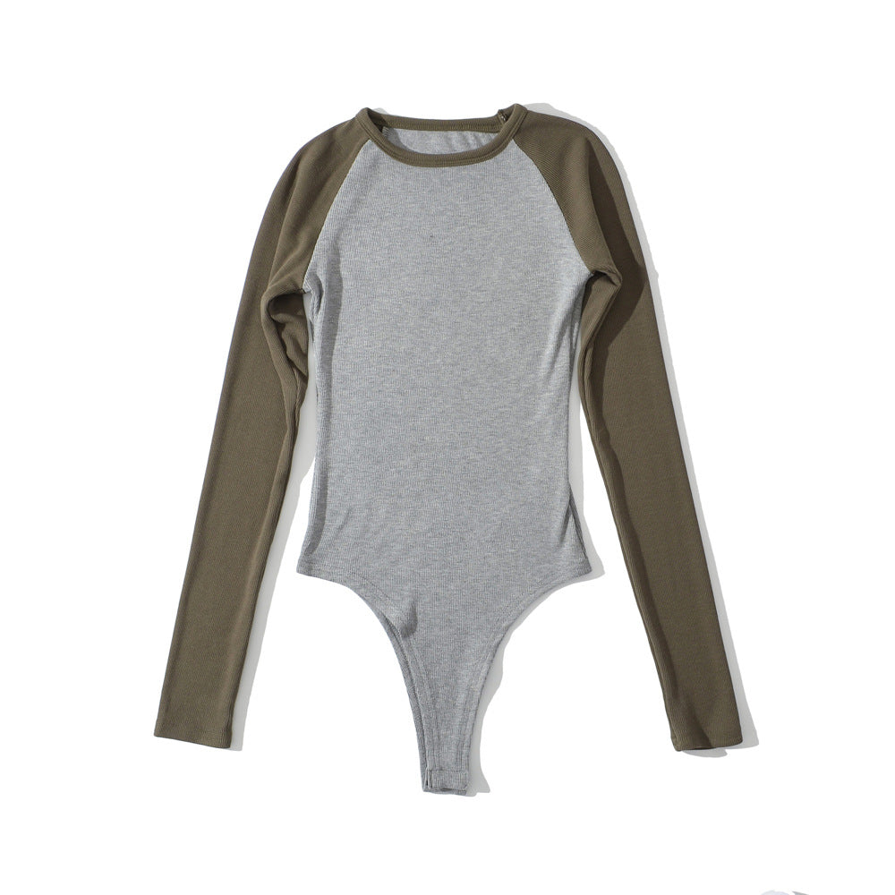Damen Raglan-Bodysuit mit langen Ärmeln, Rippstruktur und Druckknopfverschluss Drune