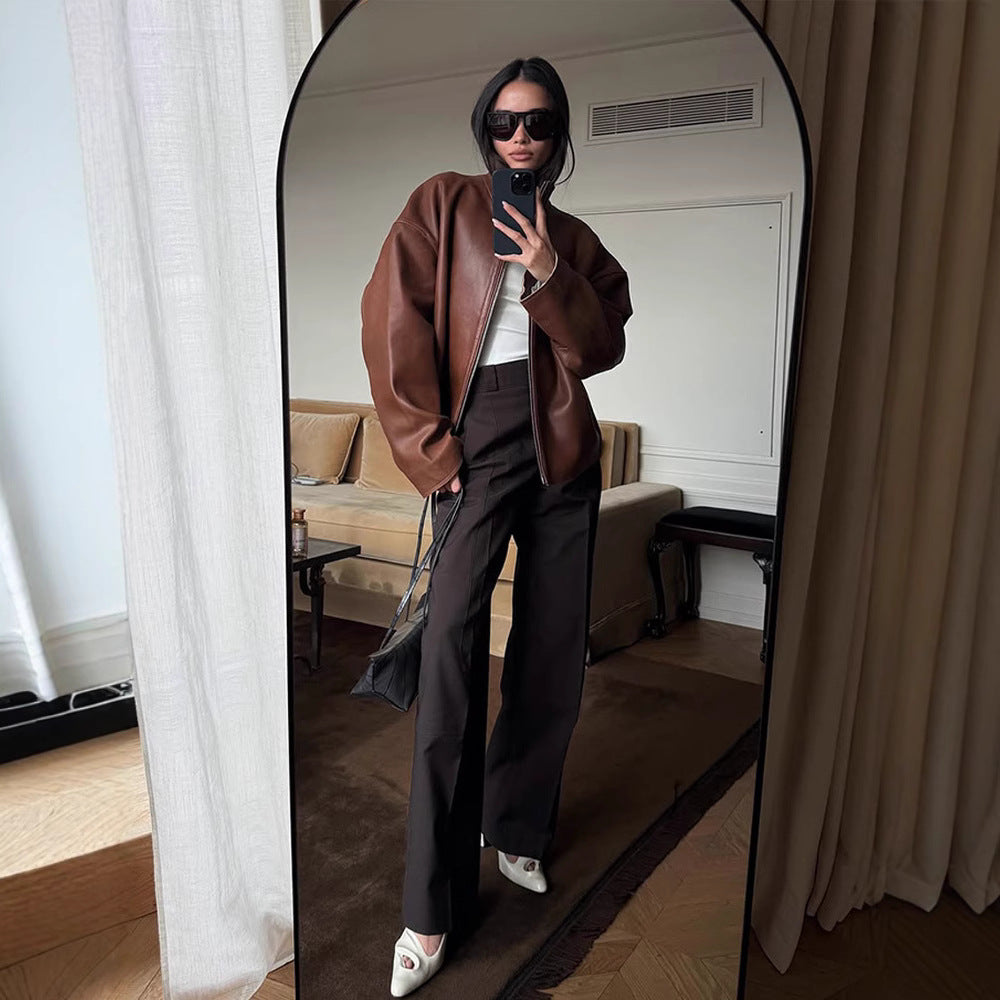 Damen Oversized Lederblouson mit soften Teddy-Innenfutter und Verdeckt-Reißverschluss Drune