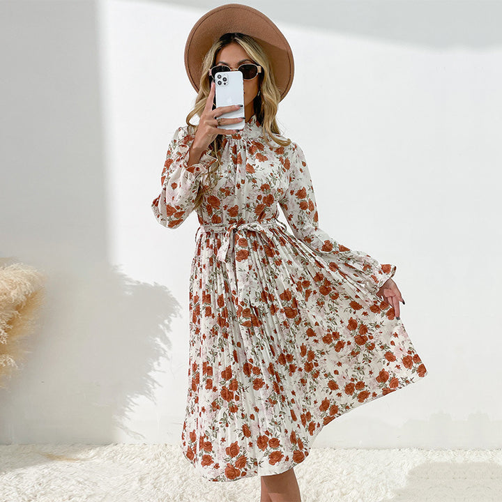 Damen Plissiertes Midikleid mit Rüschenkragen, Bindegürtel und floralem Allover-Print Drune