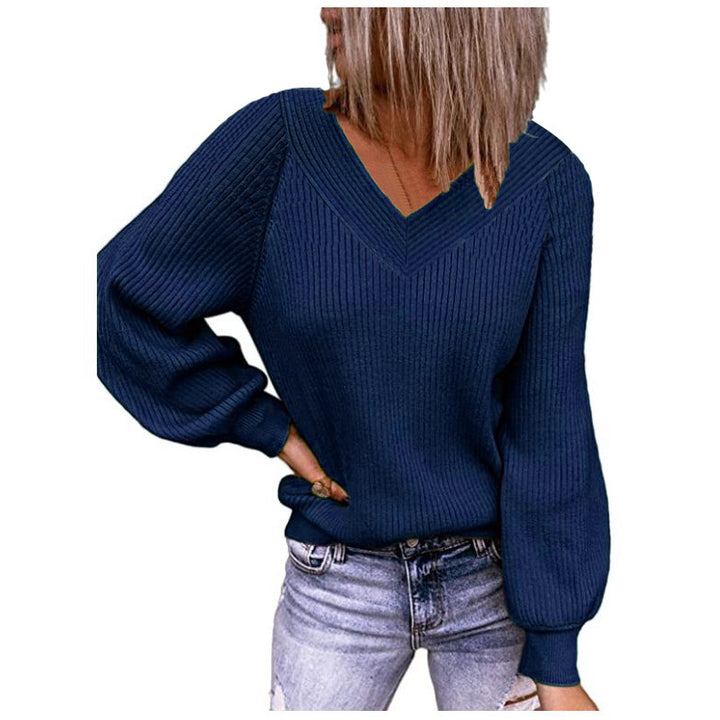 Damen Gerippter V‑Ausschnitt Pullover mit Ballonärmeln und lässiger Passform Drune