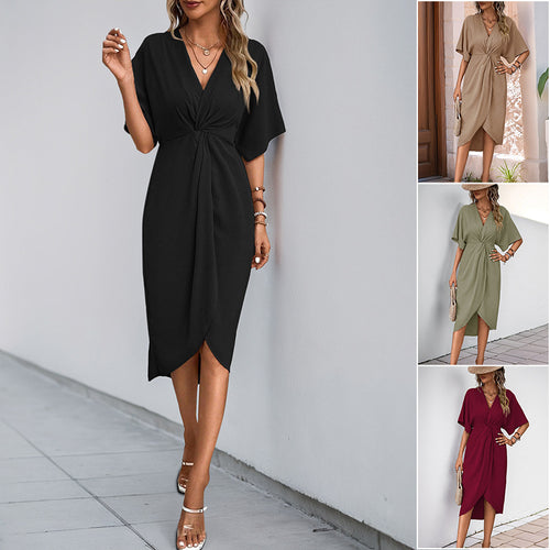 Damen Wickel-Midikleid mit Knotendetail, V-Ausschnitt und überschnittenen Ärmeln Drune