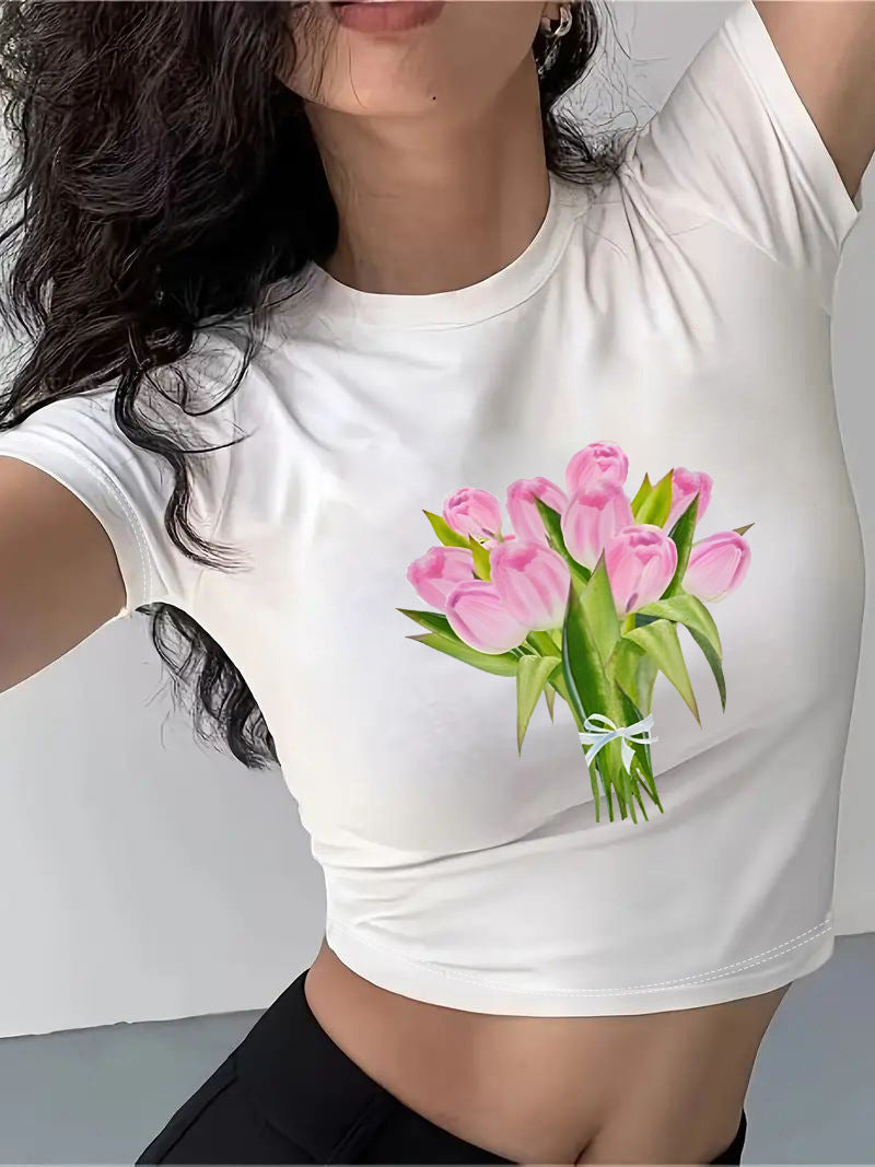 Damen Crop-T-Shirt mit kreativem Cocktail-Design Drune