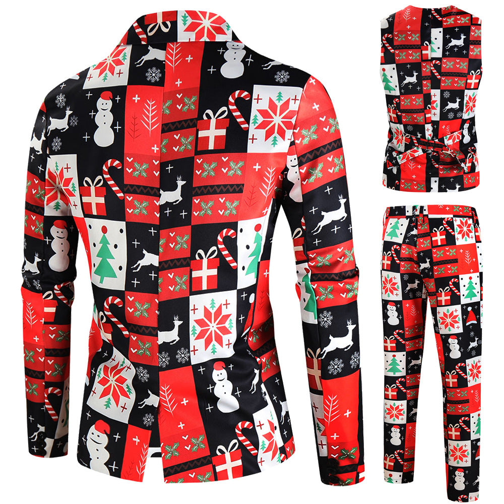 Herren Festliches Weihnachtsanzug-Set Sakko Weste Hose mit Patchmuster und Slim-Fit-Schnitt Drune