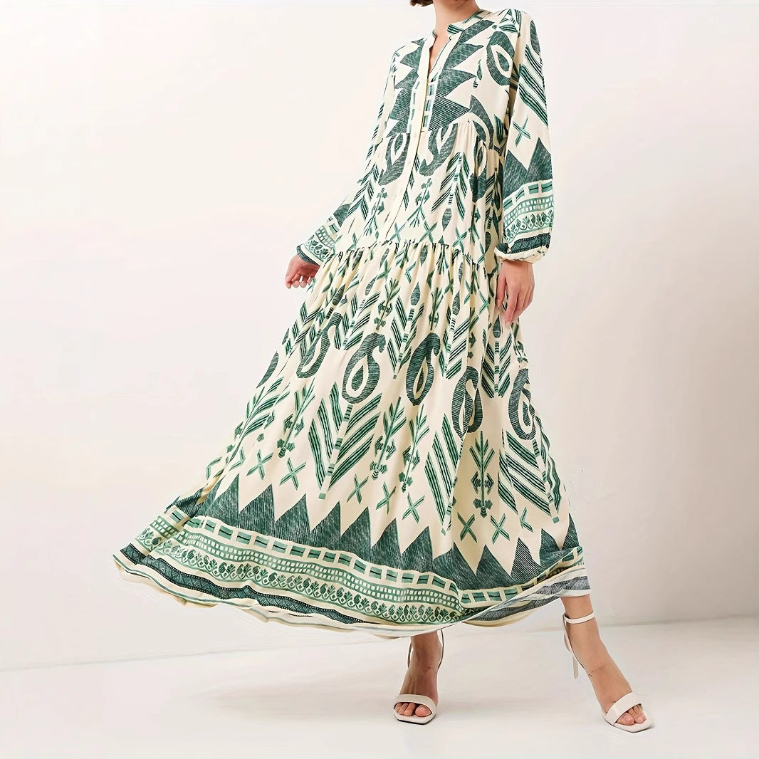 Damen Maxikleid mit kunstvollem geometrischen Muster und Knopfdetails Drune