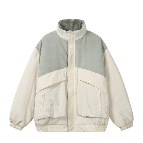 Unisex Boxy-Pufferblouson mit hohem Stehkragen, Cord-Schulterpasse und großen Pattentaschen Drune