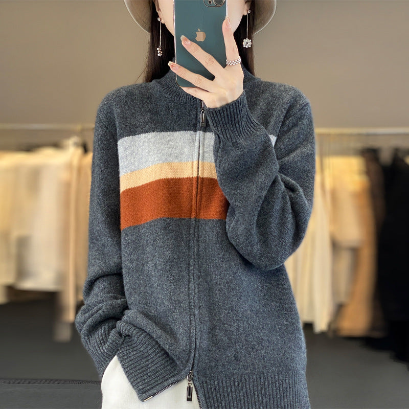 Damen Reißverschluss-Strickcardigan aus weichem Wollmix mit Blockstreifen und geripptem Saum Drune