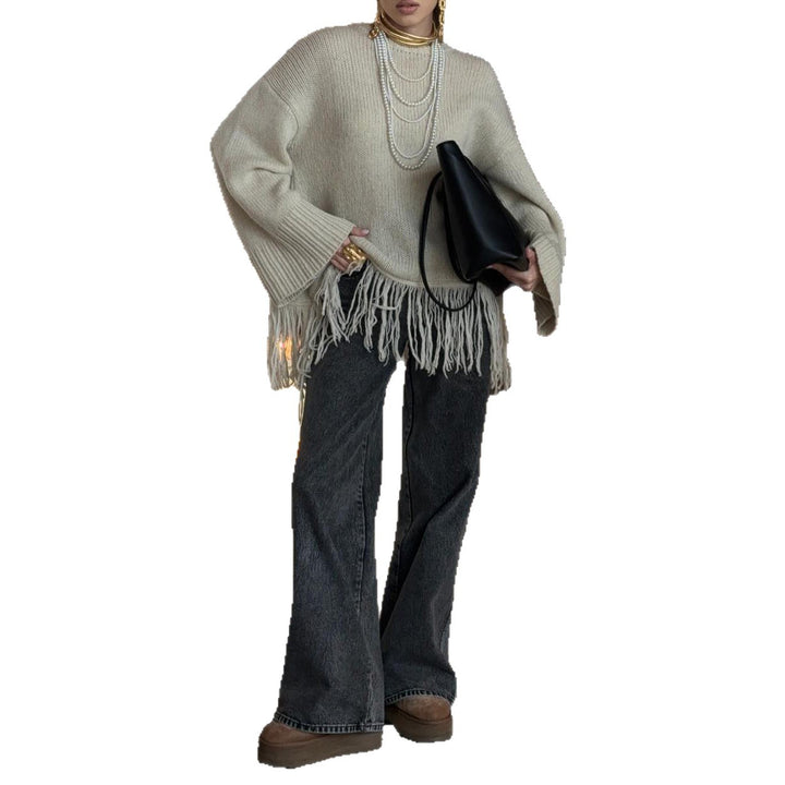 Damen Modischer Strickpullover mit Fransen Drune
