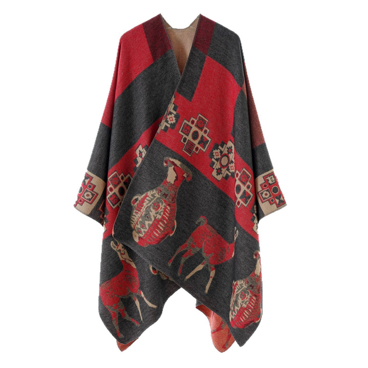 Damen Cape-Überwurf aus Jacquard-Strick mit Tier- und Ethno-Motiv Drune