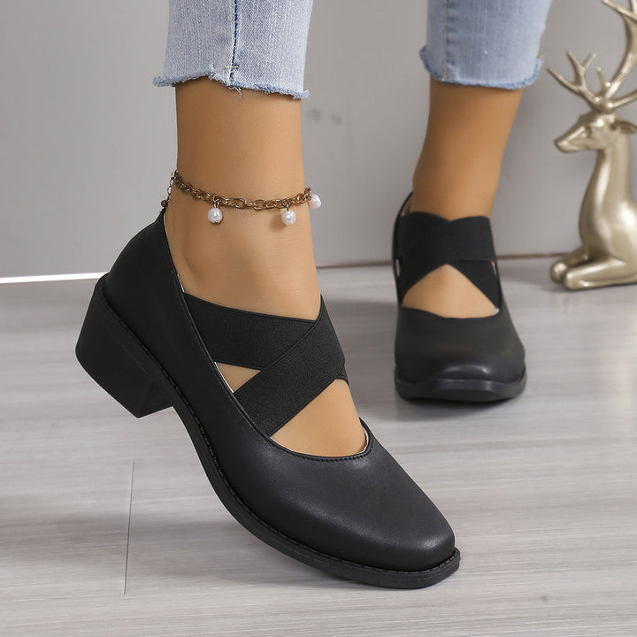 Damen Slipper-Pumps mit kreuzenden Elastikriemen und Blockabsatz Drune