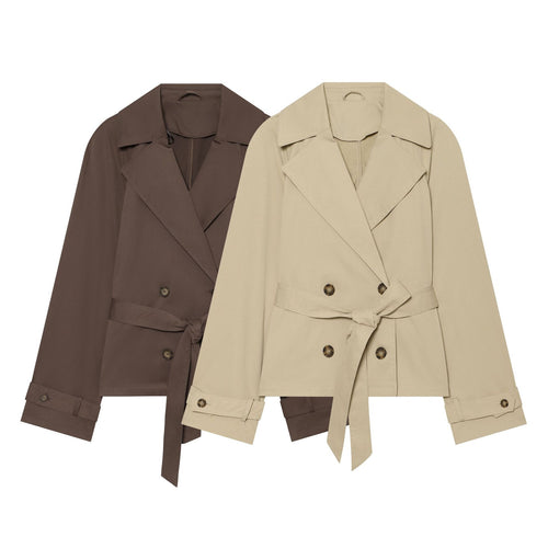 Damen kurzer taillierter Trench‑Blouson mit Bindegürtel, doppelreihiger Knopfleiste und weitem Revers Drune