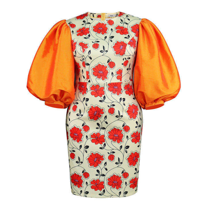 Damen figurbetontes Kleid mit voluminösen Puffärmeln und floralem Design Drune